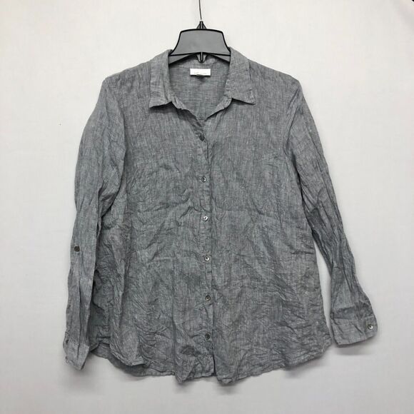 J Jill Love Linen Women Button Roll Tab Sleeve Shirt Size Medium Gray M143 -5 - Picture 1 of 14